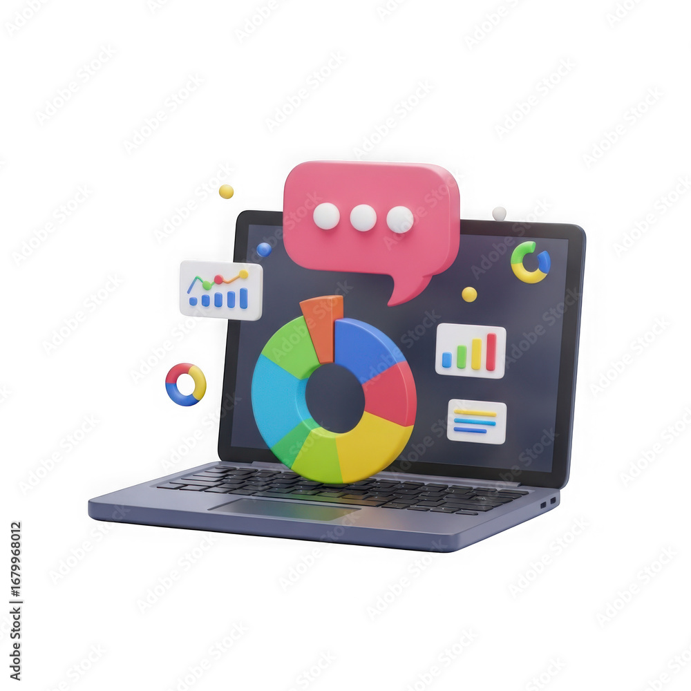 Poster 3d laptop with data visualization and chat bubble isolated on transparent background