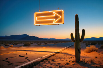 A neon arrow sign hangs over a deserted road in the desert at sunset, with a tall cactus standing nearby.