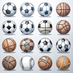 A collection of various sports balls, each with distinct textures and patterns, displayed against a neutral background.