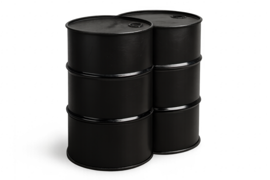 Two Black Metal Barrels Containing Oil on Transparent Background