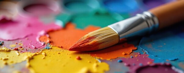 Obraz premium Close-up of a paintbrush resting on a palette of vibrant, mixed paints The bristles are soft and slightly splayed, ready for the next stroke of artistic expression , art, painting tools, brush