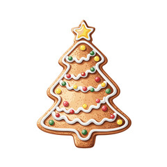 Gingerbread Christmas tree cookie with colorful icing decorations. Festive holiday sweet treat isolated on a white background. Vector illustration of a traditional Christmas biscuit.