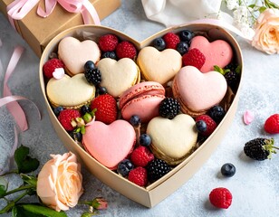 Heart-shaped gift box filled with colorful macarons and fresh berries, creating a sweet and romantic display.