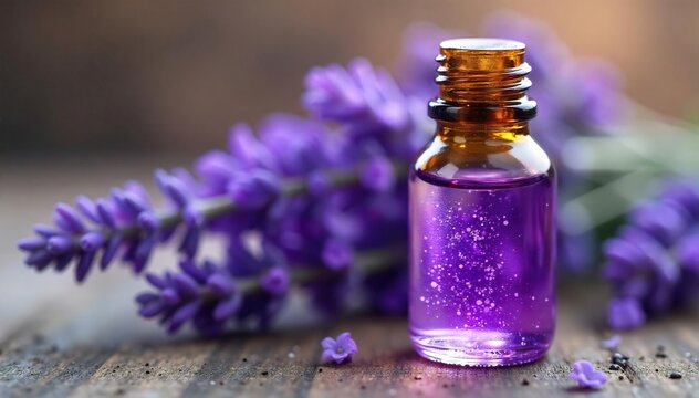 Close-up of a bottle of pure lavender essential oil, with visible purple hue and droplets The calming scent is almost palpable Ideal for aromatherapy, skincare, and relaxation imagery , spa, serene