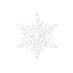 A single white snowflake with a delicate and intricate design. Winter holiday symbol isolated on a white background. Christmas decoration element.