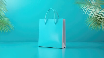 A light teal shopping bag sits on a matching teal surface, flanked by tropical palm fronds against a solid teal backdrop.  The bag has a light grey/white bottom and simple handles