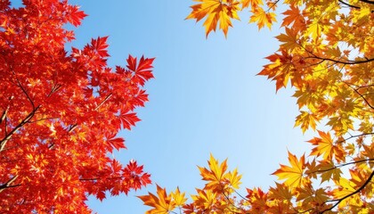 Vibrant Autumn Leaves Frame a Bright Azure Sky in a Serene Nature Moment