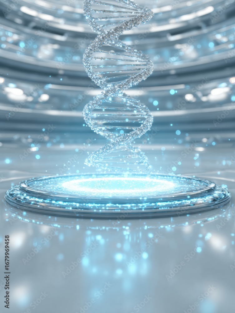 Poster digital representation of dna helix rotating above a luminous platform in a futuristic laboratory se