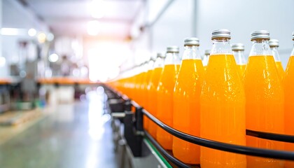 Orange juice bottles on conveyor belt in a factory