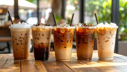 Several iced coffee drinks in clear plastic cups sit on a wooden table, bathed in sunlight.