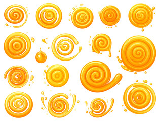 Swirled honey graphic elements isolated on black for designs, food concepts, or sweet treat creations