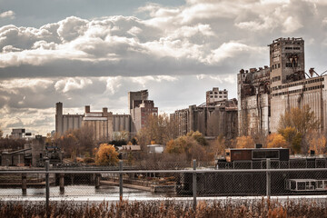 Decayed grain elevators of the Old Port with the Silo No. 5 complex in Montreal, Canada, rusted...