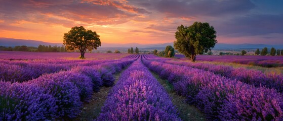 Obraz premium Vast lavender fields under a dramatic sunset with silhouetted trees