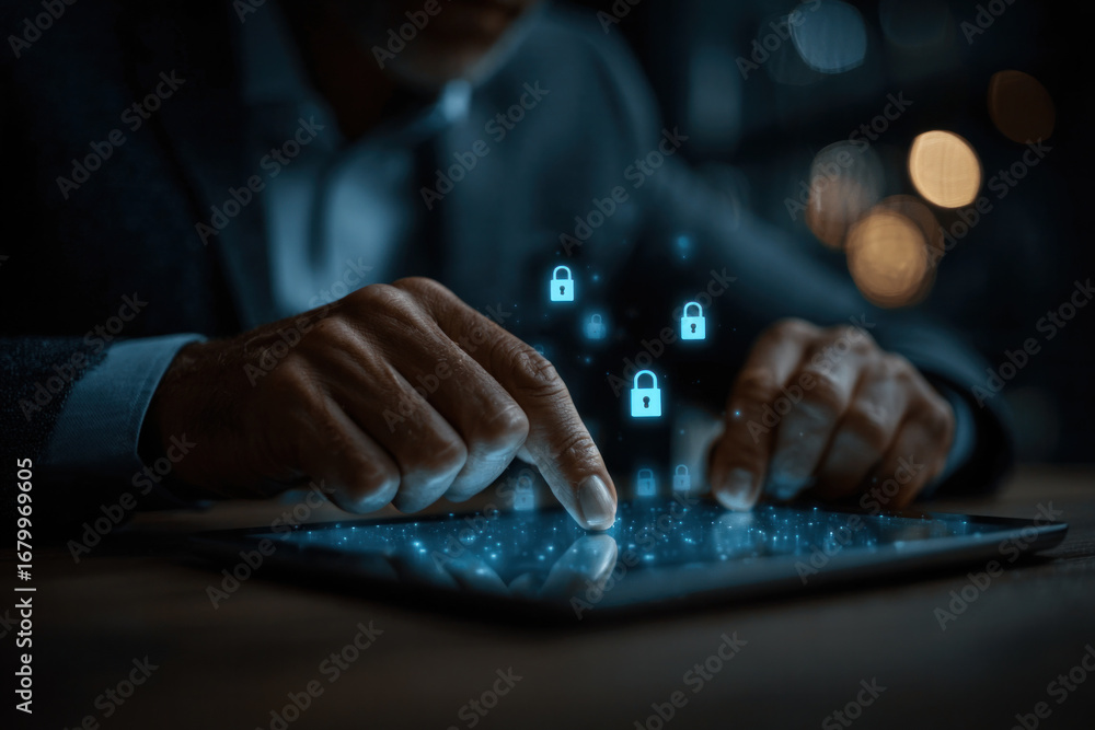 Poster hands hover over a tablet as glowing padlocks float above the screen, signaling secure access and pr
