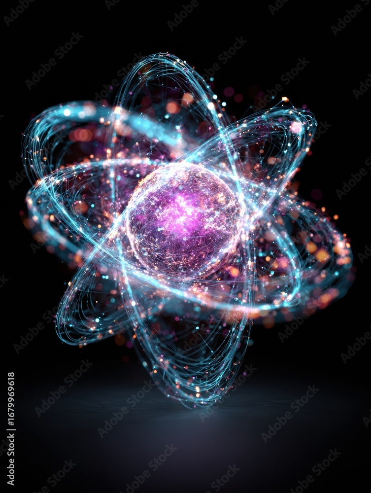 Poster colorful abstract representation of atomic structure in a dark environment highlighting energy and m