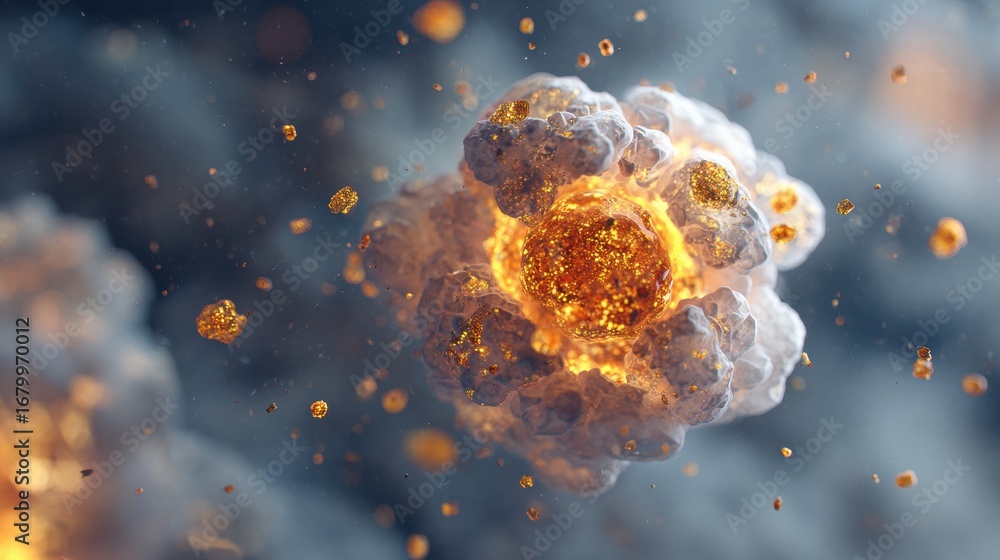 Poster explosive reaction within a molecular structure showcasing vibrant colors and dynamic movement