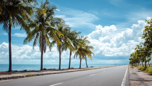 Scenic coastal highway lined with palm trees under a bright sky