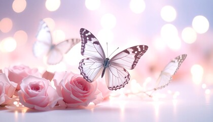 Delicate butterflies and roses in soft light