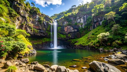 A tranquil waterfall cascading into a serene pool surrounded by lush greenery and dramatic rock formations.