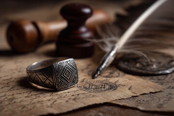Merchants guild ring 13th century Hamburg silver with geometric engraving Displayed beside parchment trade seals and a feather quill Emphasize craftsmanship and history