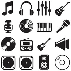 Collection of black and white music and audio equipment icons.