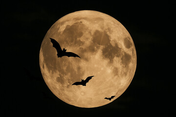 Full moon night sky with flying bats silhouette, Halloween spooky background