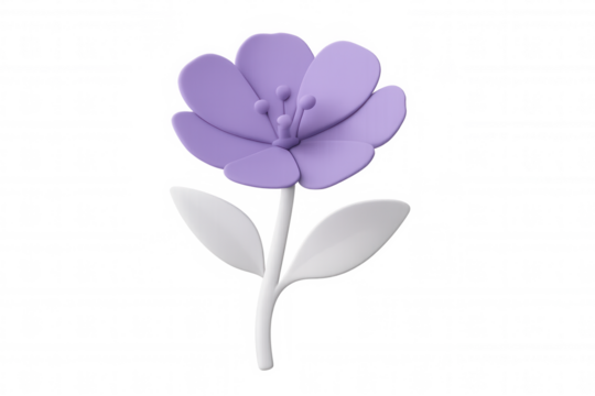 Purple flower blossoming, white-stemmed, rendered in clean 3d digital design against transparent backdrop