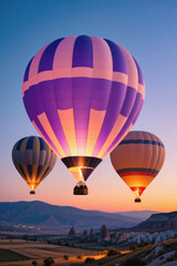 Obraz premium Three hot air balloons float above a landscape at sunset, with one prominently featuring purple and white stripes.
