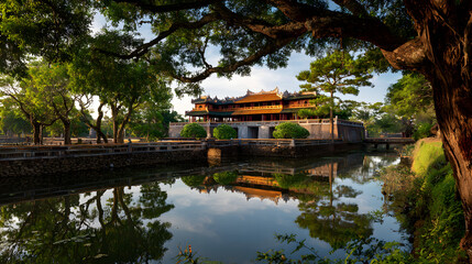 Obraz premium Ancient Asian palace reflected in calm water, framed by lush trees and foliage.