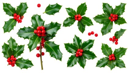 Festive holly sprigs with vibrant green leaves and clusters of bright red berries arranged against a white background.