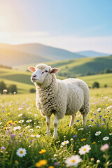 Obraz premium A white sheep stands in a lush green field filled with colorful wildflowers under a clear blue sky.
