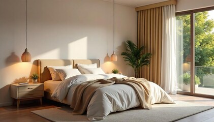 Serene bedroom interior, promoting relaxation and healthy sleep Soft lighting, calming colors, and cozy textures create a peaceful atmosphere for optimal wellbeing , furniture, sleep, lighting