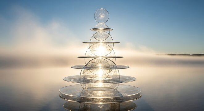 Abstract Glass Tower Structure on Misty Water, Sunlight Reflection. - Powered by Adobe