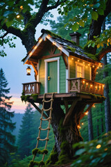 A charming treehouse with a green exterior and white trim sits elevated among lush trees, illuminated by string lights and accessed by a rope ladder.