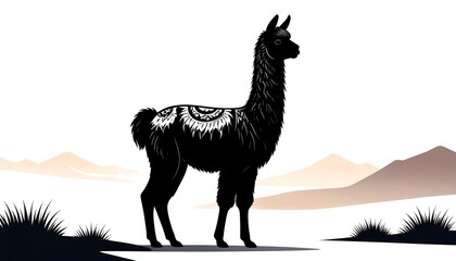 Striking silhouette of a llama, adorned with intricate patterned details, set against a serene desert landscape.