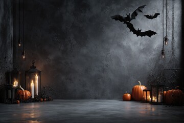 Dark Halloween scene with pumpkins, lanterns, bats, and candles against a textured wall