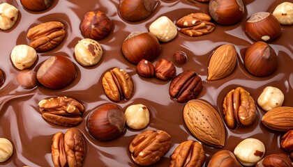 Melted dark chocolate studded with assorted nuts, showcasing a rich, decadent confectionery display.