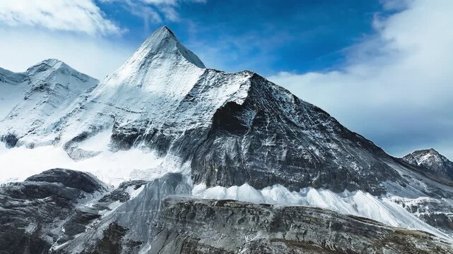 Aerial View Solitary Snow-Covered Mountain Peak