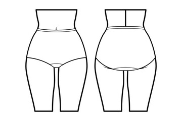 Women’s lingerie technical flat sketch. high waist briefs for stockings, front and back view, fashion design template. Women’s underwear. Isolated on white.