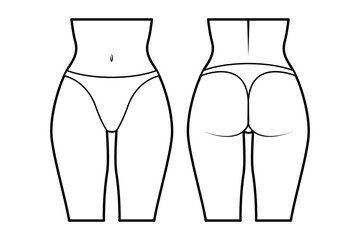 Women’s lingerie technical flat sketch. string bikini for stockings, front and back view, fashion design template. Women’s underwear. Isolated on white.