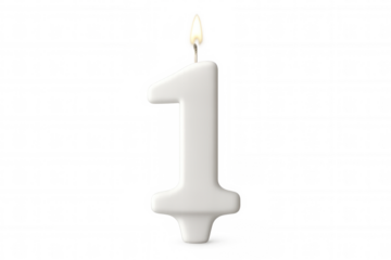 Burning white number one birthday candle radiating a bright flame against a transparent background, symbolizing celebration and joy