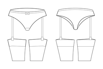 Women’s lingerie technical flat sketch. Panties with garter straps for stockings, front and back view, fashion design template