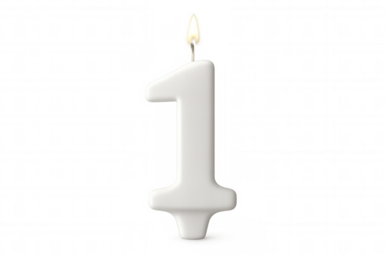 Burning white number one birthday candle radiating a bright flame against a transparent background, symbolizing celebration and joy