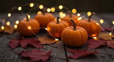 Cozy pumpkins with string lights on a rustic table.