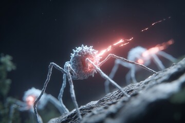 A dramatic 3D visualization of a bacteriophage virus's life cycle. This image captures the action of viral replication and cellular destruction in microbiology.