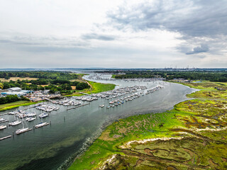 River Hamble and Swanwick Marina from drone, Swanwick, Southampton, Hampshire, England