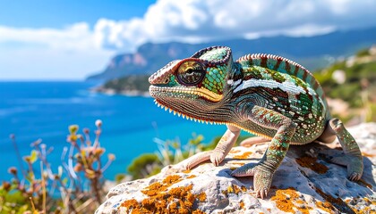 A vibrant chameleon perched on a rocky outcrop, gazing out at a breathtaking ocean vista.