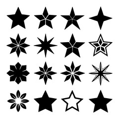 Obraz premium Collection of sixteen star icons in various shapes and styles, arranged in a grid pattern on a white background.