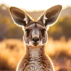 Close-up portrait of a kangaroo in the golden light of sunrise or sunset, showcasing its detailed fur and attentive gaze.