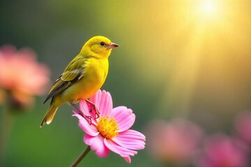 Joyful yellow bird perched on a bright spring flower, sunshine streaming down Perfect for social media, spring, happiness, positivity, and cheerful vibes Tweet happy!, bird, hope